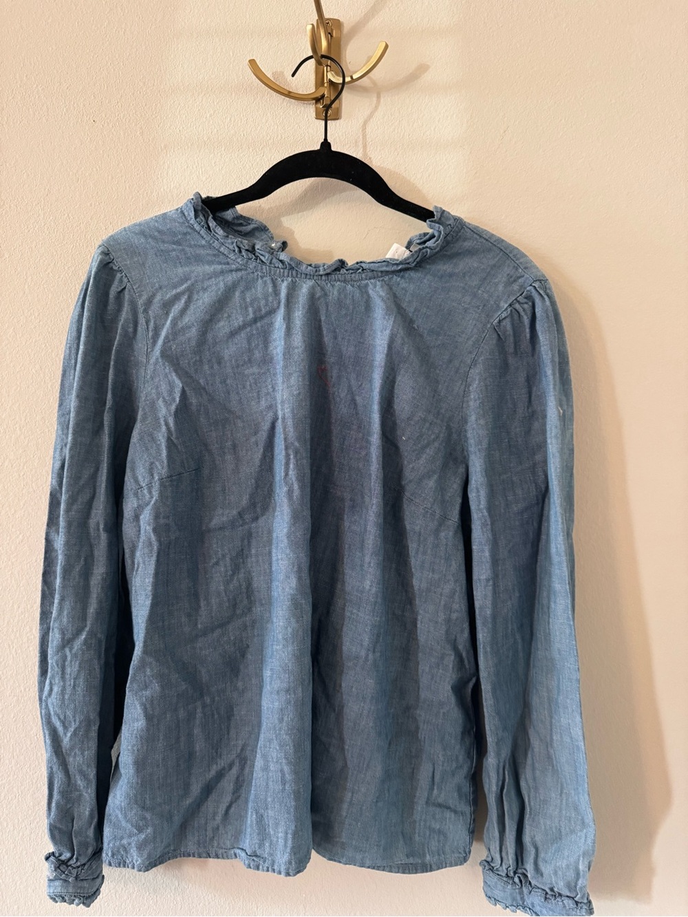 J. Crew Chambray Ruffle-Neck Long Sleeve Top - Light Blue